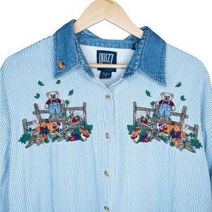 Vintage Quizz Plus 22 Embroidered Fall Autumn Teddy‎ Bear Long Sleeve Denim 2X